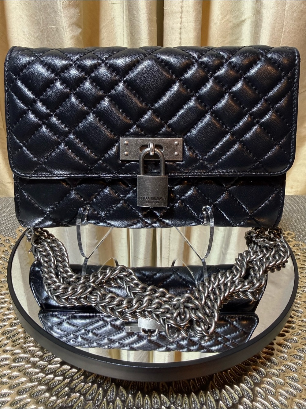 Kurt Geiger London Brixton Leather Chain Wallet – Black Quilted Leather